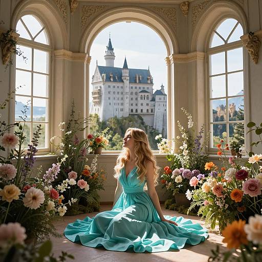 Photograph of a blonde woman in a turquoise dress, sitting amidst vibrant flowers in a sunlit, arched window room, with a castle visible outside