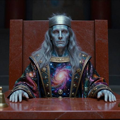 Photograph of a blue-skinned, long-haired figure with a metallic crown, wearing a cosmic-patterned robe, seated on a red marble throne,