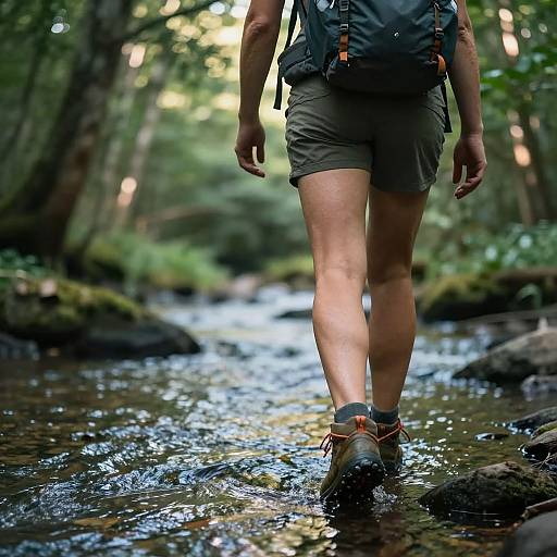 Photograph of a hiker's lower body walking through a shallow, forest stream. Wearing gray shorts, black backpack, orange hiking shoes, and