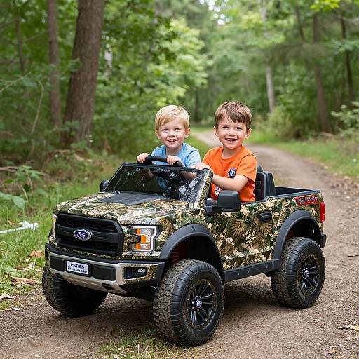 Photograph of two smiling blonde and brown-haired boys in an orange and camouflage Ford truck toy on a forest dirt path.
