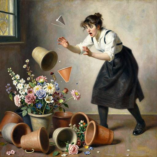 Digital artwork of a startled young woman in a white shirt and black apron, caught mid-action as flower pots overturn, scattering vibrant flowers and pottery across