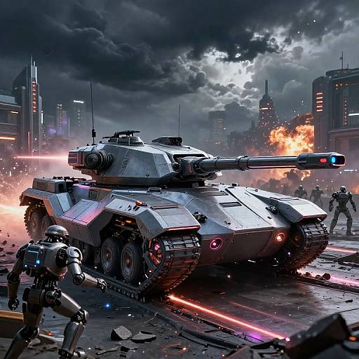 Digital illustration: Futuristic, armored tank with glowing red and blue lights, firing main cannon in a dark, cloudy urban battlefield. Soldiers in armor run
