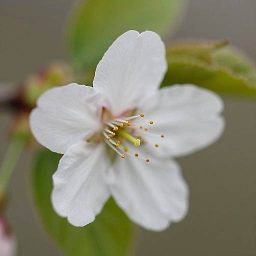 Close-up photograph of a delicate white cherry blossom with yellow stamens, set against a blurred green leafy background.