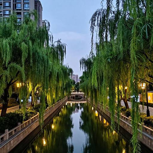 Photograph of a serene urban canal at dusk, flanked by lush green willow trees and illuminated by warm streetlights, with modern buildings visible in