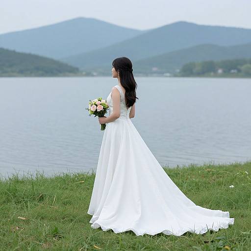 Photograph of a bride in a white, sleeveless wedding dress with long black hair, holding a bouquet, standing on grass by a calm lake with