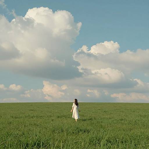 Photograph of a woman in a white dress standing in a vast green field, facing away, with bright blue sky and fluffy white clouds in the background