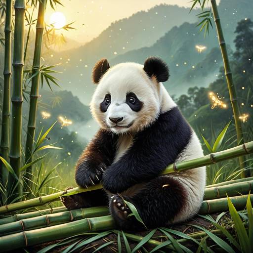 Baby Panda Lounging on Bamboo at Sunrise Baby Panda Lounging on Bamboo at Sunrise