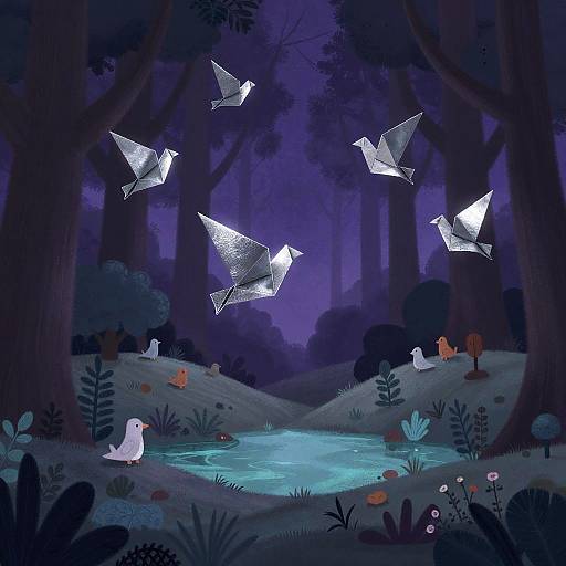 Digital illustration of a magical, nighttime forest with glowing paper birds, a white duck, and luminescent pond, surrounded by dark trees and vibrant plants