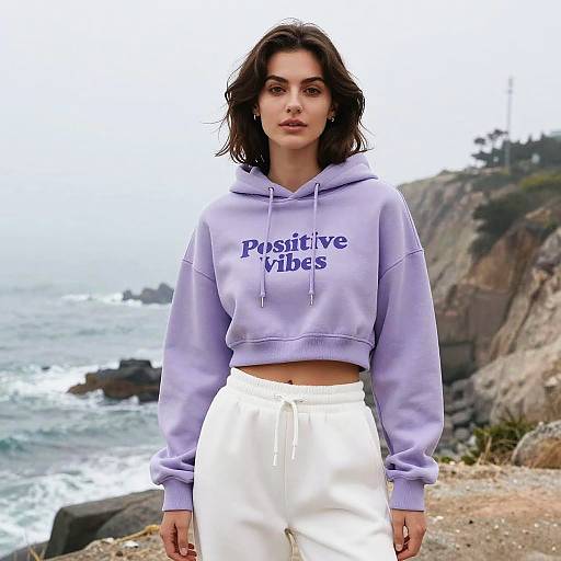 Woman in Lavender Hoodie by Coastal Cliff