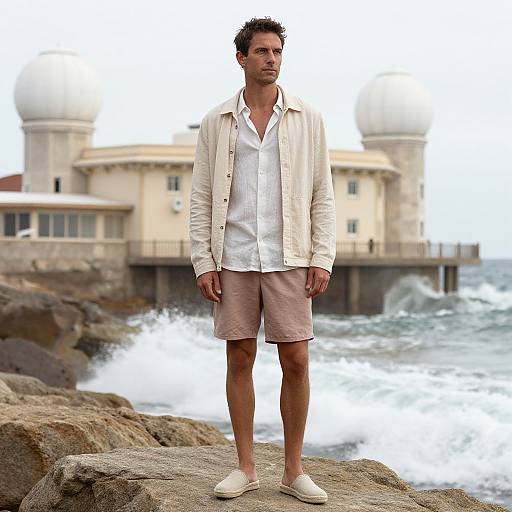 Photograph of a man with curly dark hair, beige jacket, white shirt, pink shorts, and white shoes, standing on rocky shore with ocean waves