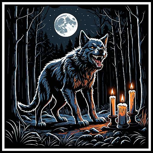 Moonlit Werewolf Pup in Forest with Candles