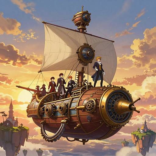 Steampunk airship with detailed gears, brass accents, and a large sail, flying over floating islands at sunset. Characters in Victorian attire stand on