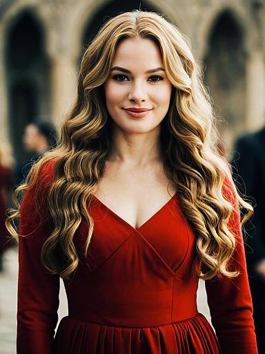 Woman in Elegant Red Dress with Long Curly Blonde Hair