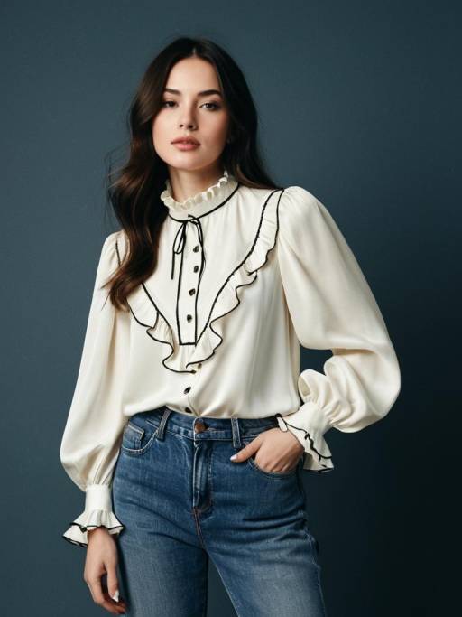 Woman in Cream Silk Blouse and Denim Jeans