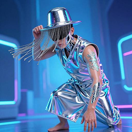 Photorealistic CGI: Asian male, crouching, wearing silver metallic outfit, fringed hat with dangling chains, arm tattoos, neon blue background