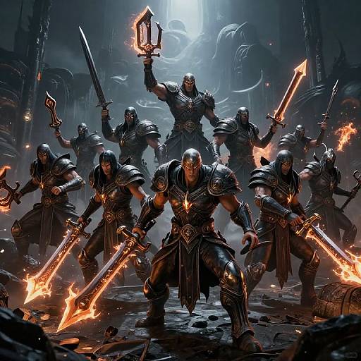 Digital fantasy artwork of muscular, armored warriors with glowing swords and a raised trident, standing in a dark, fiery, dungeon-like setting.