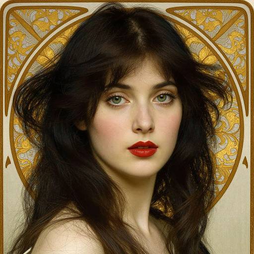 Digital portrait of a pale-skinned, green-eyed woman with long, wavy black hair, red lips, and an Art Nouveau golden ornate