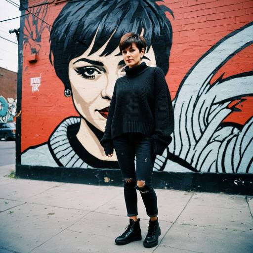 Confident woman in black sweater standing by street art mural
