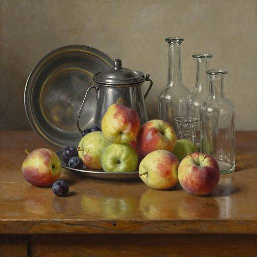 Photograph of a still life: metal kettle, glass bottles, red-yellow-green apples, blueberries on a wooden table against a beige wall.