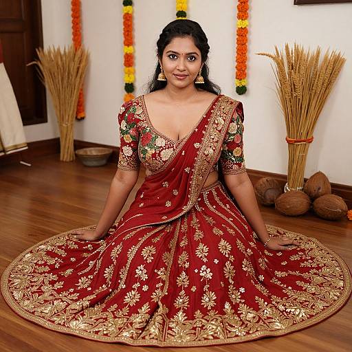 Photograph of a smiling Indian woman with dark hair, wearing a red and gold floral embroidered traditional saree, seated on a wooden floor with decorative mar