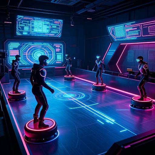 Neon-lit futuristic room with five silhouetted figures dancing on glowing circular platforms, surrounded by vibrant blue and pink digital displays.