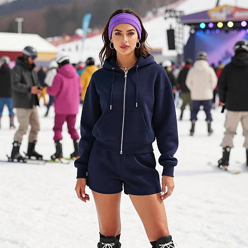 Woman in Sporty Outfit at Ski Resort Festival