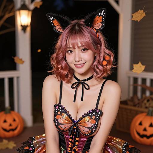 Photograph of an Asian woman with pink hair, butterfly cat ears, black choker, butterfly-themed dress, smiling, Halloween-themed porch with pumpkins