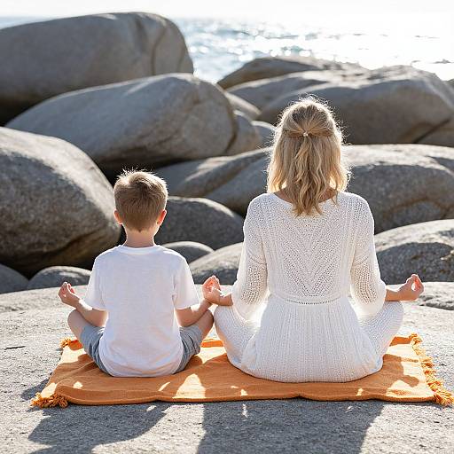 Photograph of a blonde woman and young boy with short brown hair, sitting cross-legged on an orange mat, meditating on large gray rocks by the