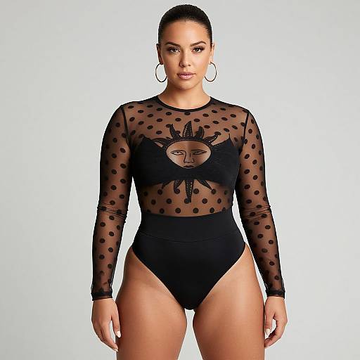 Photograph of a confident woman with dark skin and black hair in a bun, wearing a black, sheer, polka-dot long-sleeve le