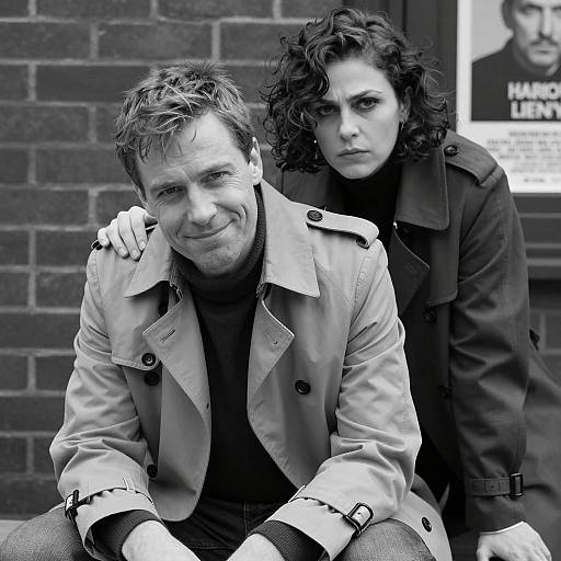 Black and White Portrait of Two People in Trench Coats