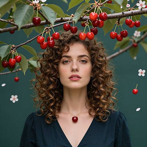 Photograph of a young woman with curly brown hair, fair skin, wearing a black V-neck shirt, and a red cherry necklace, standing under a