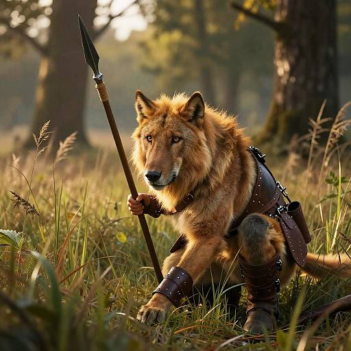 Leonin Hunter in Leather Armor Crouching in Grass