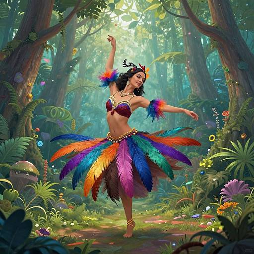 Digital art of a dancing woman in a colorful feather hula skirt, forest background, vibrant feathers, sunbeams, lush greenery, and flowers