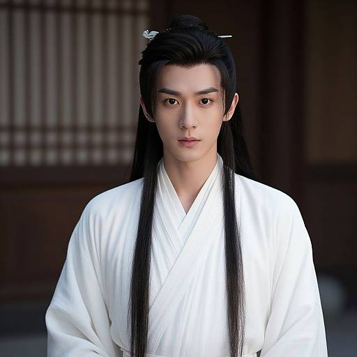 Photograph of an East Asian man with long black hair, wearing a white traditional kimono, standing against a dark wooden background.