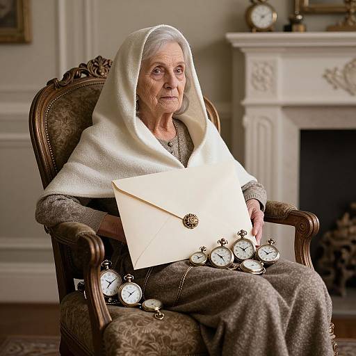 Elderly woman with white headscarf, holding envelope, surrounded by pocket watches, seated in ornate armchair, in front of white fireplace