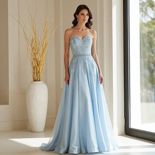 Elegant Woman in Light Blue Prom Dress