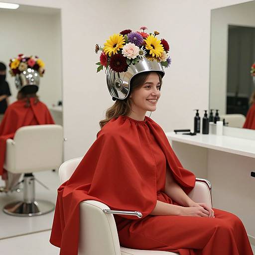 Photograph of a smiling woman with brown hair, wearing a red salon cape and a metallic helmet adorned with colorful flowers, seated in a white salon chair