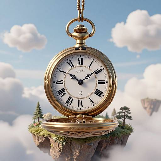 Photorealistic digital artwork of an open, gold pocket watch with Roman numerals, hanging above a cloud-covered mountainous landscape.
