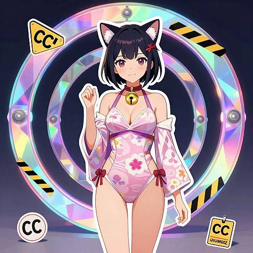 Anime-style digital illustration of a catgirl with black hair, white and pink floral swimsuit, cat ears, and bell collar, standing in front of