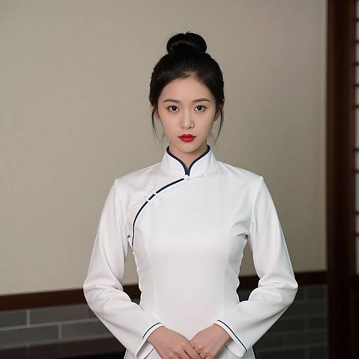 Photograph of an East Asian woman with fair skin, black hair in a bun, wearing a white traditional Chinese long-sleeve tunic with black