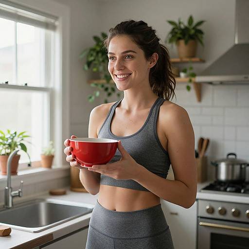 Photograph of a smiling, athletic, young woman with dark curly hair, wearing a gray sports bra and high-waisted leggings, holding a red