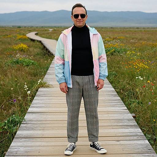 Photograph of a man with short brown hair, wearing sunglasses, pastel jacket, black turtleneck, checkered pants, and black sneakers,