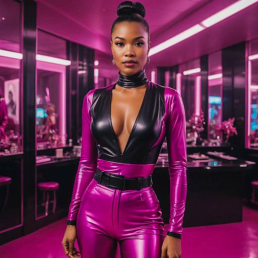 Confident Woman in Magenta Pleather Outfit