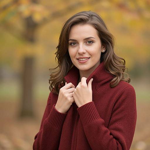 Photograph of a smiling woman with wavy brown hair, wearing a maroon knitted turtleneck, holding the collar, in a fall forest