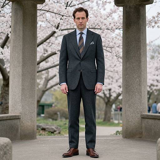 Photograph of a serious, Caucasian man in a dark blue suit, white shirt, and brown tie, standing under cherry blossom trees. Background includes stone