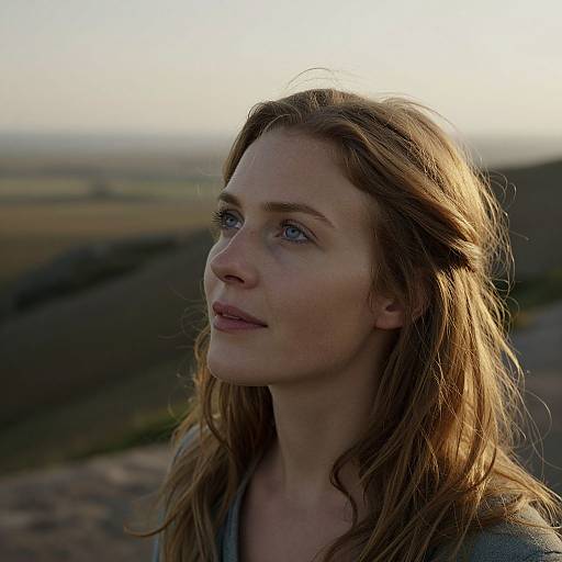 Photograph of a fair-skinned, blue-eyed woman with long, wavy brown hair, wearing a gray shirt, looking upward in a sunlit