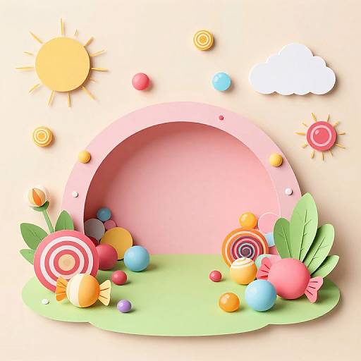 Whimsical digital illustration of a pink arch surrounded by colorful lollipops, candy swirls, and leaves, with a bright sun and cloud