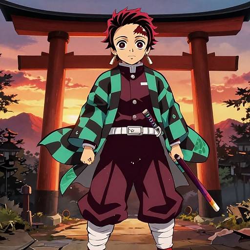 Anime-style drawing of a young boy with red hair, wearing a green-black checkered coat, black pants, and white bandages, standing in front