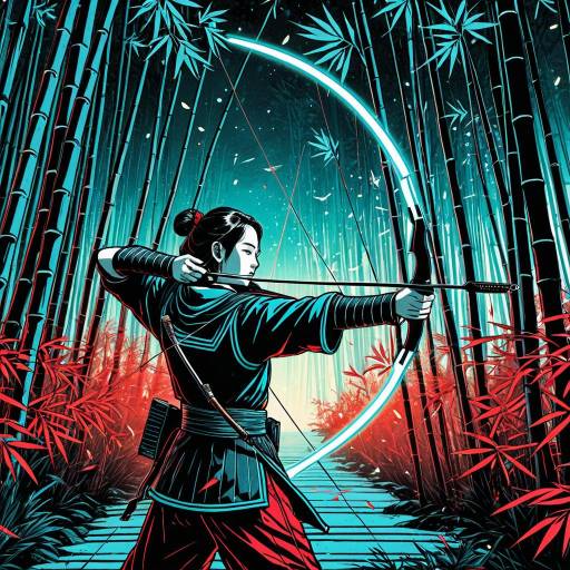 Cyberpunk Archer in Neon Bamboo Grove