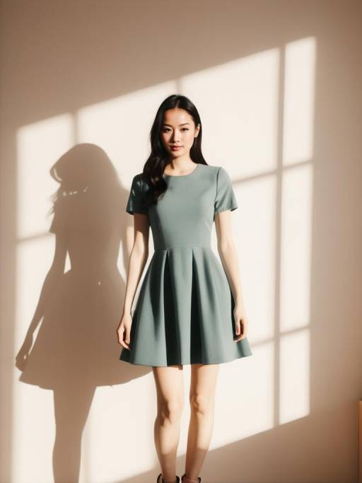Woman in Emerald Green Skater Dress with Shadow